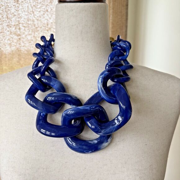 Vintage 90s Resin Statement Necklace Chunky Blue Marble Square Chain Links - Picture 1 of 7